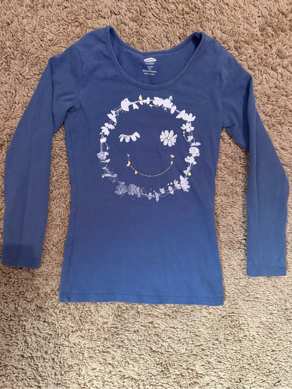 Old Navy Navy Blue Long Sleeve Tee with Floral Smiley Graphic